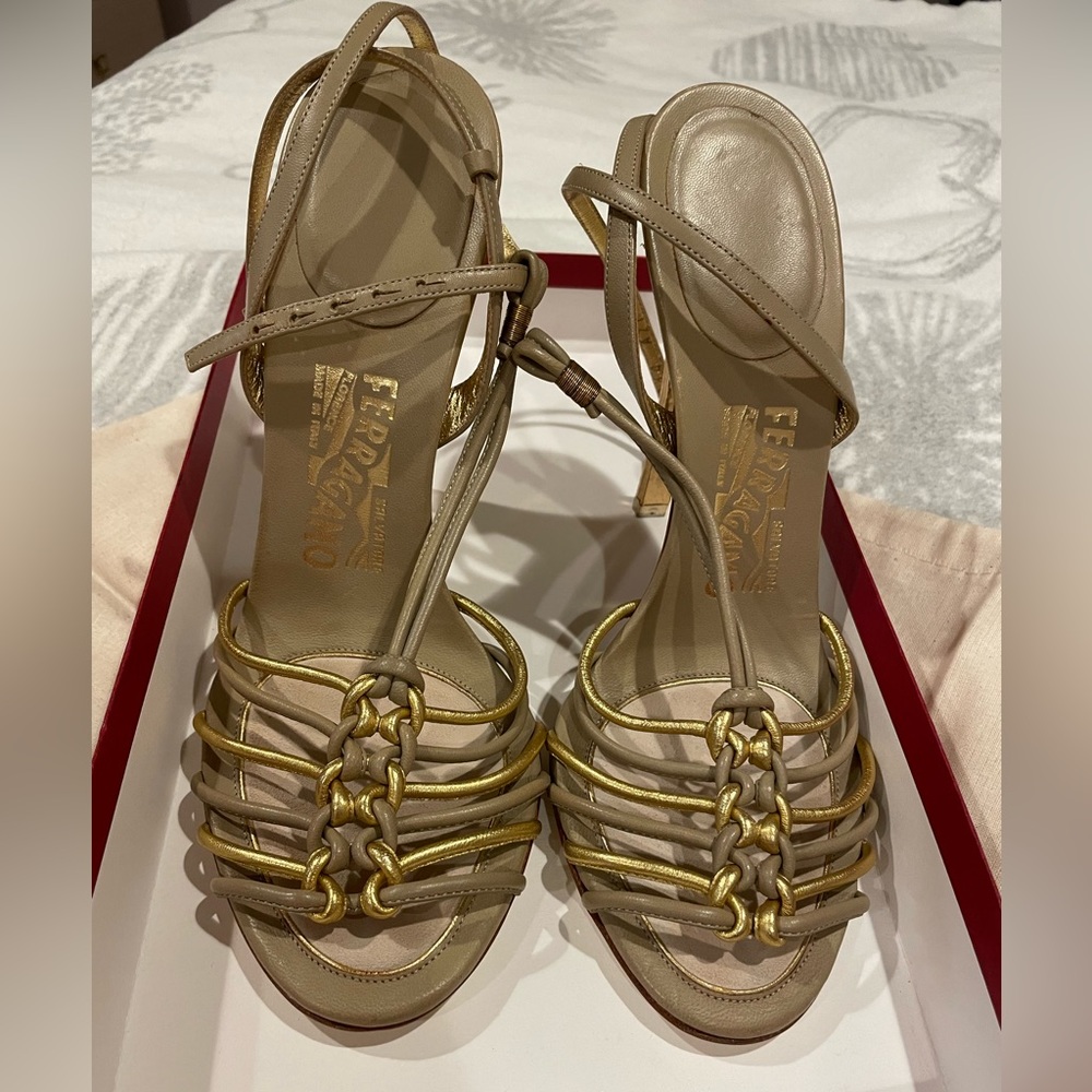 Salvatore Ferragamo Tan/Gold leather high heel sandals, brand new, size 8